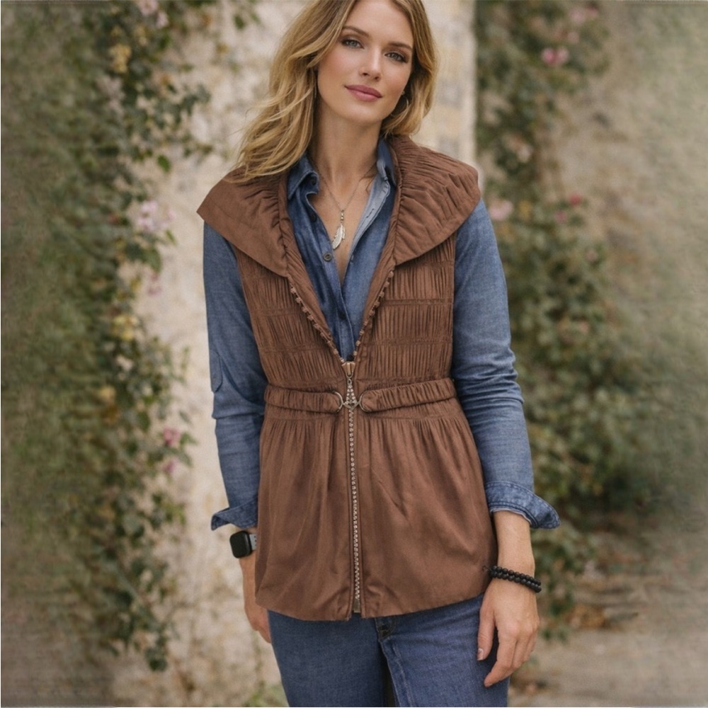 Jerry T Tan Artisanal Silky Accordion Pleated Beaded Zip Vest Pockets Size Med